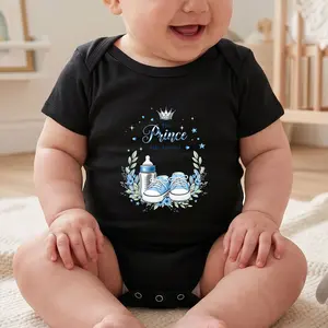 Prince Has Arrived Crown Bottle Shoes Print Bodysuit Baby Rompers Short Sleeve Cotton Toddler Rompers Graphic Print Baby Clothes One-Piece Outfit