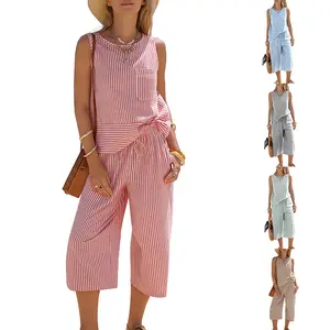 Women's Casual 2 Piece Set Summer Striped Sleeveless Top and Capri Pants Matching Outfit Soft Natural Cotton Textured Loungewear Set for Daily Leisure