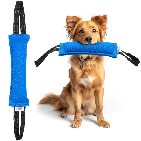 YES4QUALITY Durable Blue Nylon Dog Bite Tug Toy (11.8"x3.5") - Bite Pillow with 2 Soft Handholds, Interactive Tough Chewer for Small-Medium Dogs, Textured Surfaces, Portable for Tug of War, Promotes Dental Health, Strengthens Bond