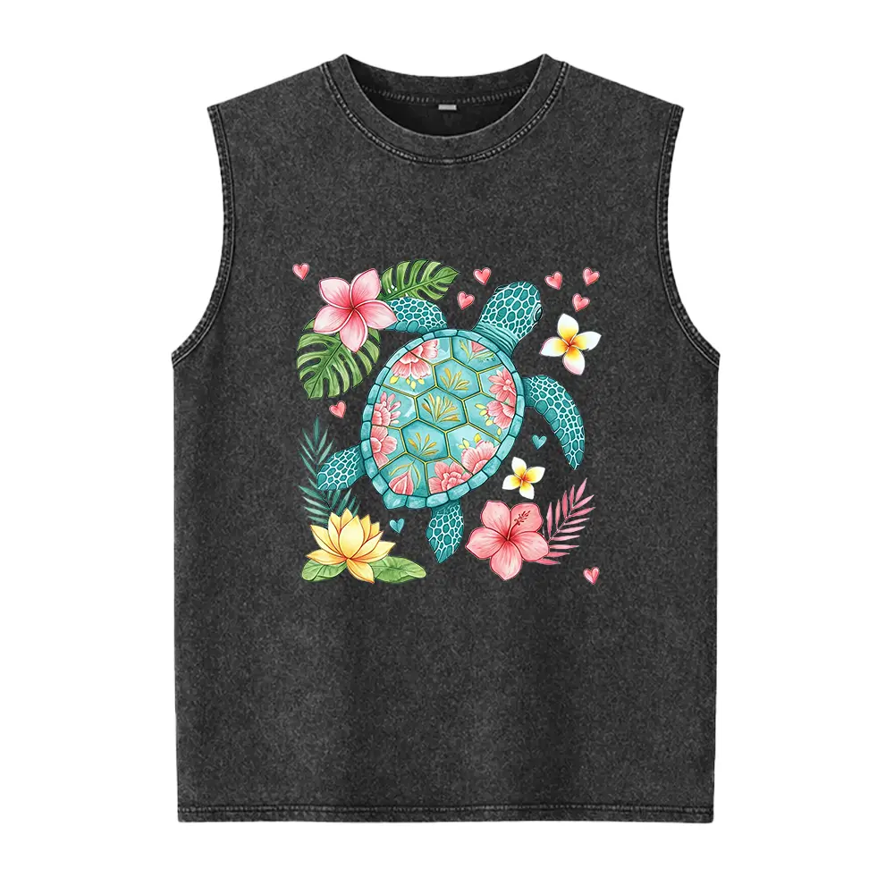 Floral Sea Turtle Washed Vest, Summer Woman Washed Vest, Beach Shirt, Ocean Washed Vest, Gift For Nature Lover