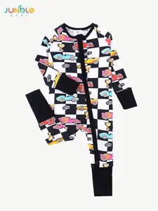 JUNBLEBABY Baby Bamboo Fiber Double Zipper Black Check Racing Print One-Piece Climbing Suit with Soft Breathable Fabric & Reversible Foot Covers