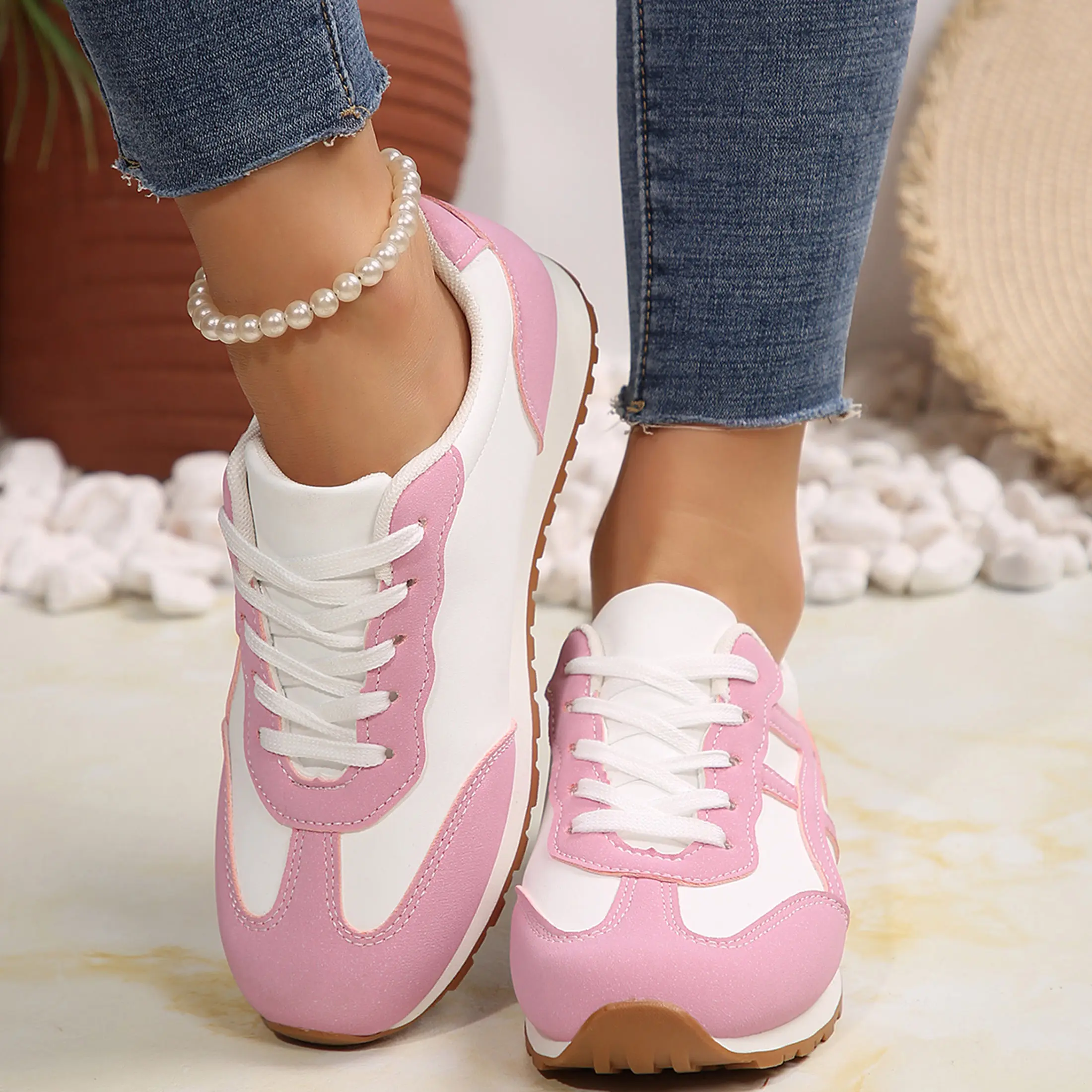 Women's Retro Sneakers Lace Up Walking Shoes Contrast Panel Casual Trainers Indoor Outdoor Shoes Springfresh