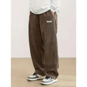 Men'S Loose Corduroy Casual Pants with Pockets in Solid Colors, Breathable Straight-Leg Drawstring Trousers Suitable for Urban Streetwear And Outdoor Activities, Embodying a Relaxed Style. Brown Menswear Polyester Stretch Fabric Beige Plain Sepia Belt