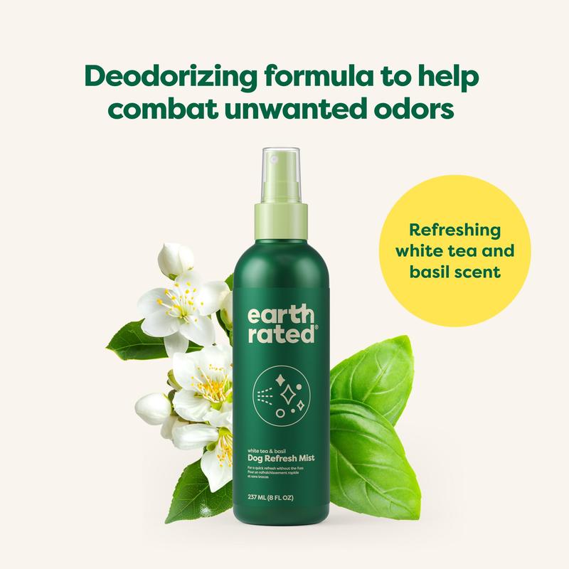 Earth Rated | Dog Deodorizing Spray - Odor Control & Coat Conditioner, White Tea & Basil Scent, 8 oz, Natural Grooming, Hypoallergenic & Cruelty-Free