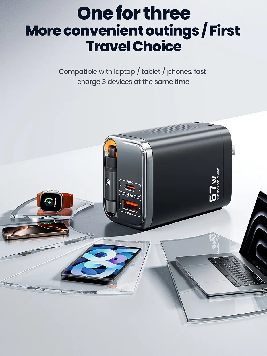 67W GaN USB C Fast Charger Dual Port PD Charger with Retractable Cable Android Digital