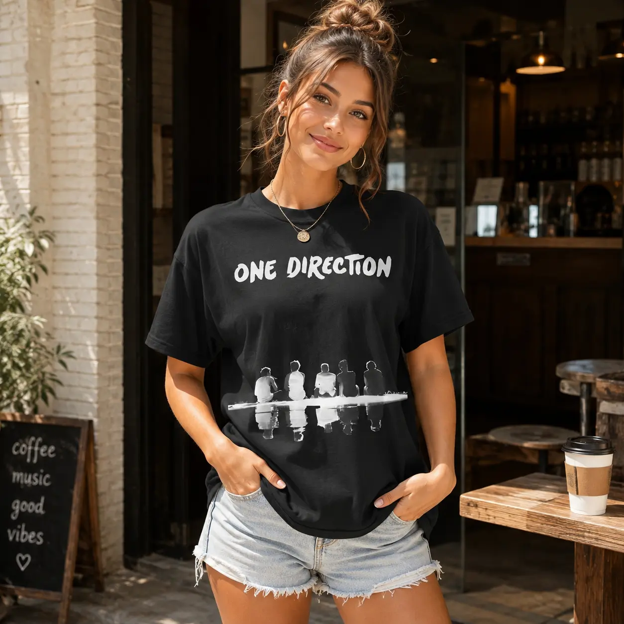 Women’s 180g Black Cotton Crew Neck Short Sleeve Graphic T-Shirt with One Direction Reflective Print – Trendy Casual Tee for Fans, Comfortable Soft Fabric, Stylish Music Band Apparel, Perfect Gift Idea for Girls, Ladies’ Fashionable Printed Top