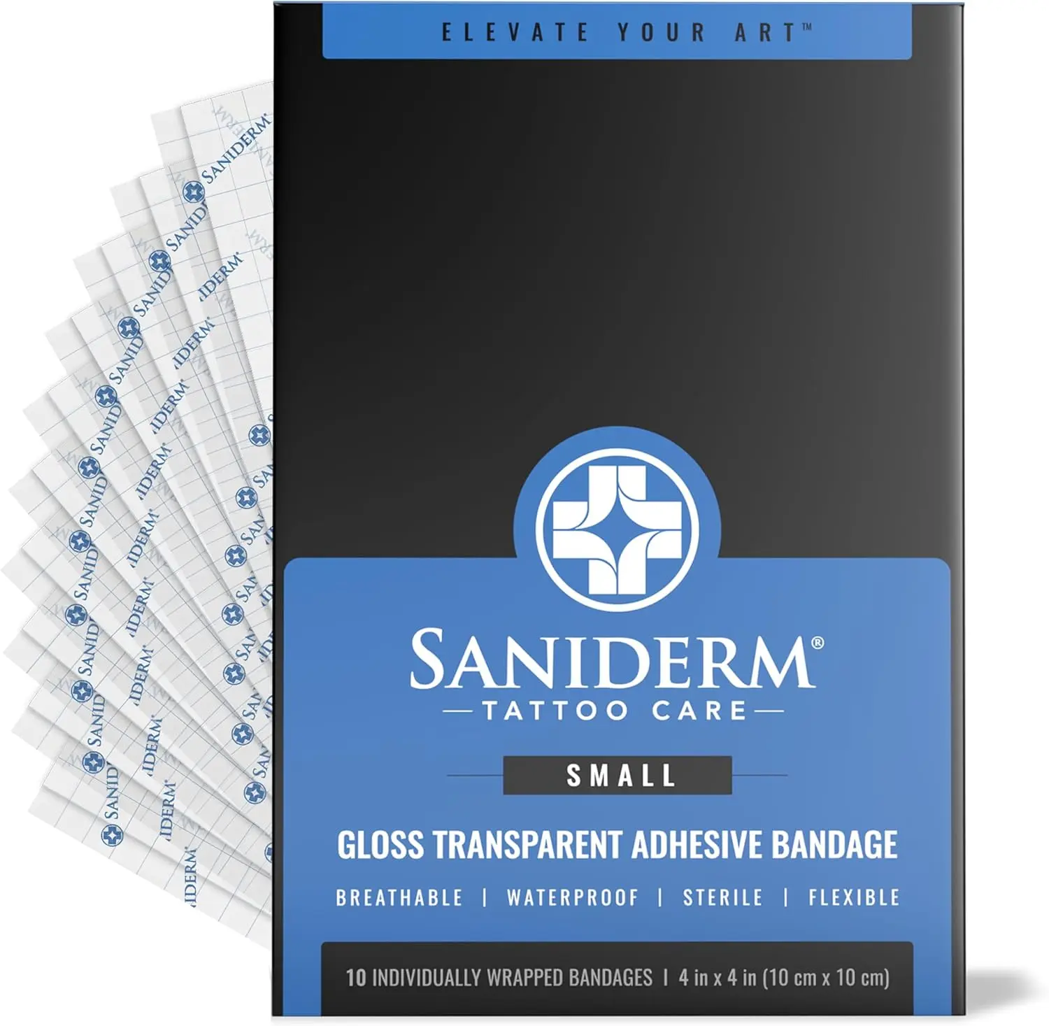 Saniderm Tattoo Aftercare Bandage 10 Sheets (Small Pack, 4 in x 4 in) – Convenient, Faster Tattoo Healing and Protection – Sterile, Waterproof, and Latex-Free