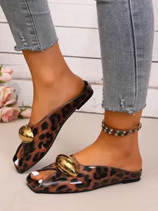 Women's Leopard Print Slip-On Sandals, Round Toe Flat Shoes with Metal Buckle, Perfect for Summer Casual, Slip On Mules