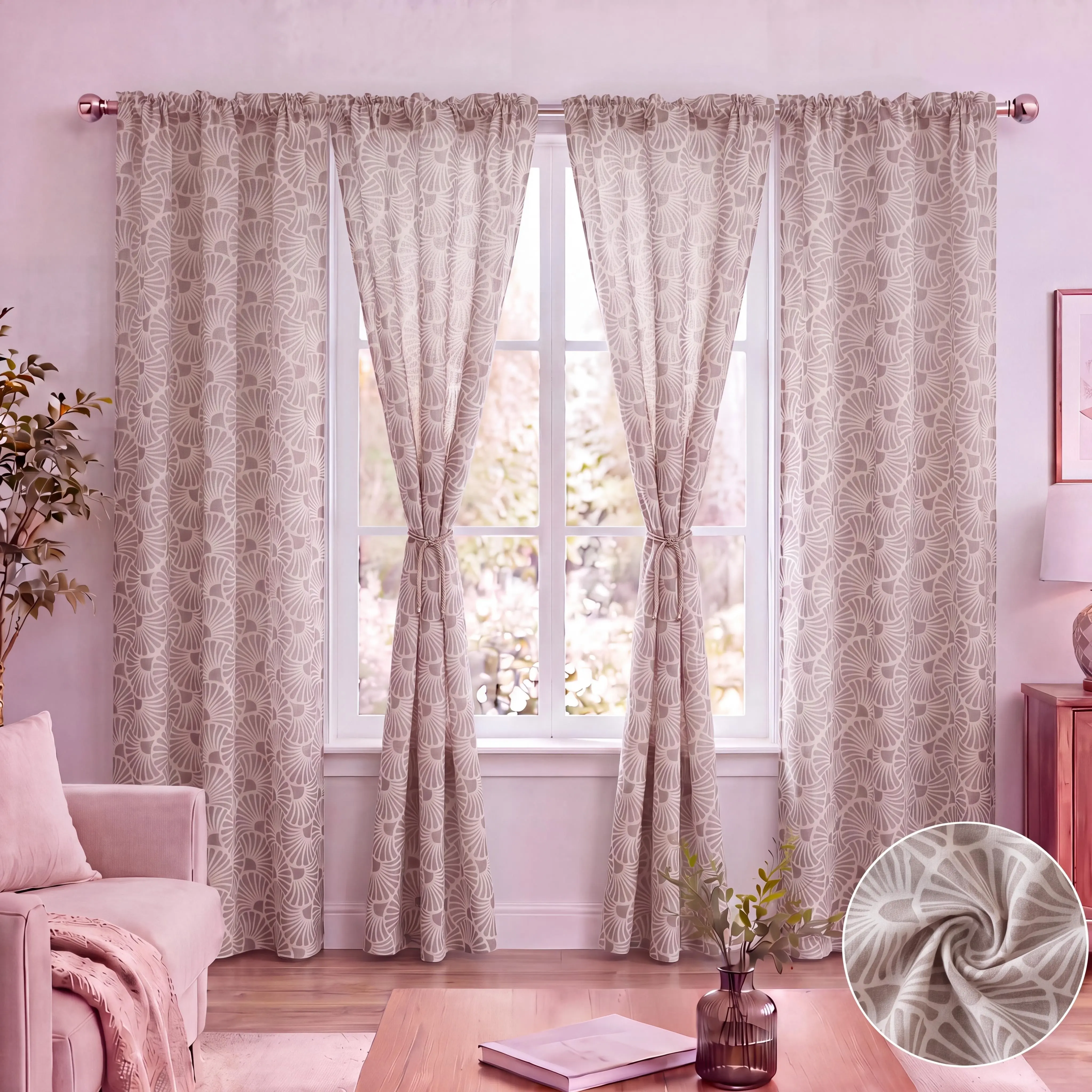 Traditional 4-Panel 52"x84" Printed Heavy Bamboo Yarn Semi-Sheer Rod Pocket Curtains, Elegant Scallop Floral Home Textile, Breathable Flat Weave Drapes for Bedroom, Living Room, FT5502