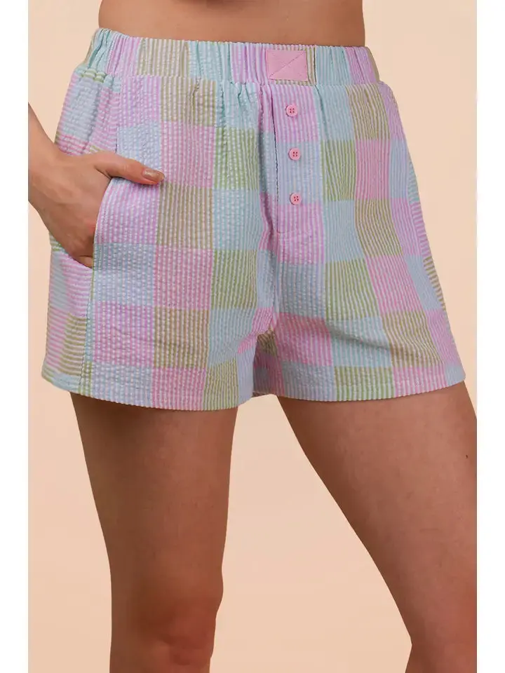 Women's Pastel Seersucker Check Bottoms, Soft Style Shorts, Comfortable Casual Wear