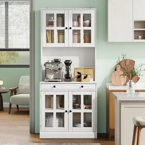 72 Inch Kitchen Pantry Cabinet with Glass Doors – Farmhouse Tall Storage Cabinet with Drawer & Adjustable Shelves, Coffee Bar Open Countertop