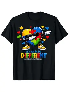 Boys & Girls Autism Awareness T-Shirt - "It's Ok to Be Different" Dabbing Print, Autism Symbol, Comfortable Cotton Short Sleeve Round Neck Tee Suitable for, Casual & Casual Attire, Autism Apparel (3-13Y)