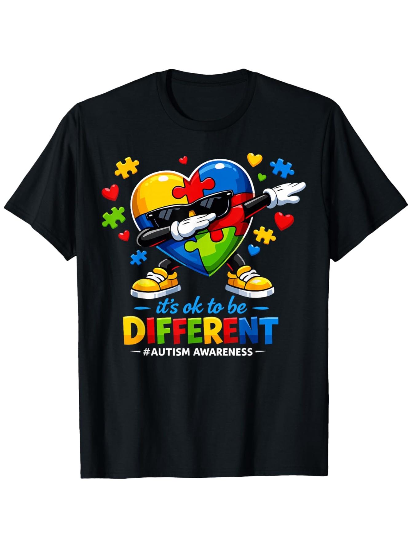Boys & Girls Autism Awareness T-Shirt - "It's Ok to Be Different" Dabbing Print, Autism Symbol, Comfortable Cotton Short Sleeve Round Neck Tee Suitable for, Casual & Casual Attire, Autism Apparel (3-13Y)