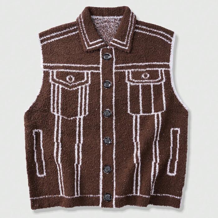 HYPESTFIT 2D Cartoon Style Graphic Vest Men's Aesthetic Streetwear Outline Gilet Trendy Fleece Sleeveless Jacket Menswear Tops for Casual Outings