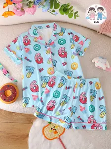 2-Piece Summer Kids Pajama Set, Cartoon Print Short Sleeve Top & Elastic Waist Shorts, Soft Fabric, Casual Home Wear, All Seasons