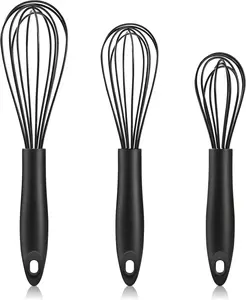 Dishwasher Safe Silicone Whisk, Sealed Waterproof Design Set of 3, Professional Kitchen Whisks for Cooking Non-Scratch, Silicone & Stainless Steel Whisk, Heat Resistant Balloon Egg Beater, Black