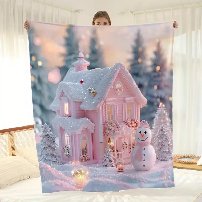 Christmas pink snowman, luxury flannel blanket, suitable for home, bedroom, sofa, travel, home, high-end gift, perfect gift! Ultra-light, soft, warm velvet blanket, 100% polyester material, no pilling and no fading.