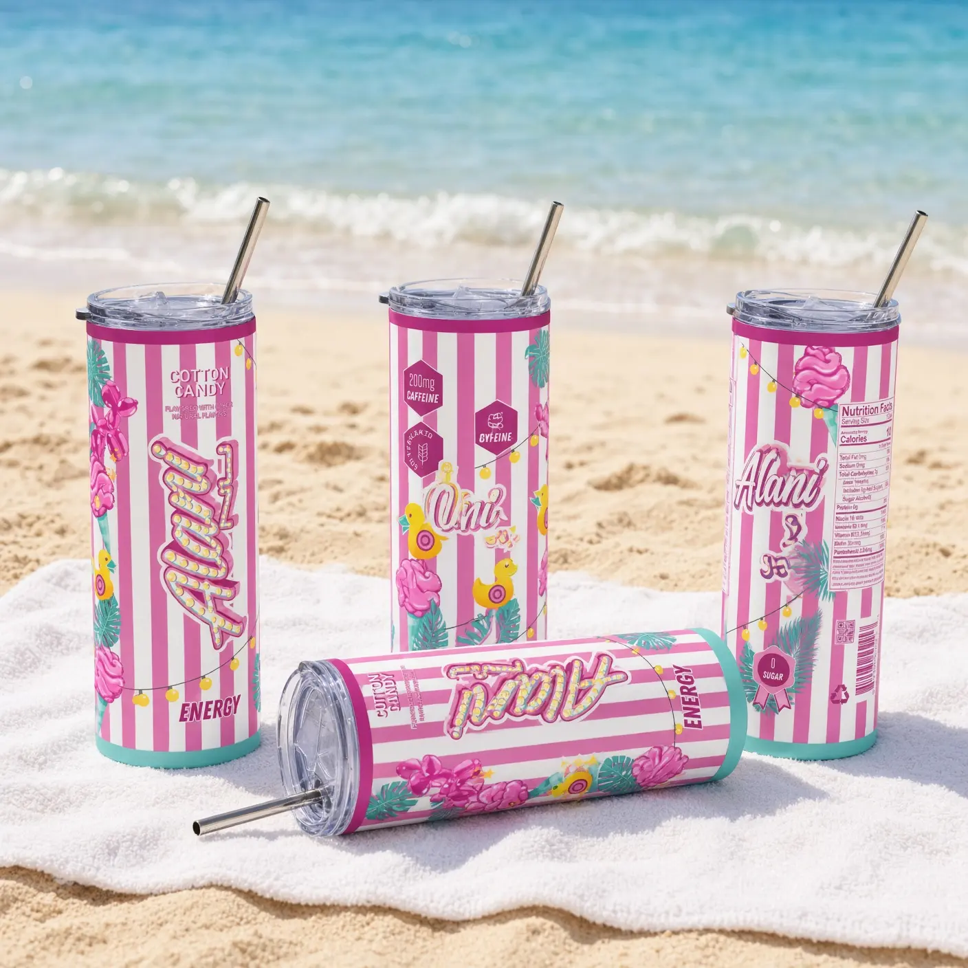 Alani Nu Cotton Candy Energy Drink 12oz Skinny Can Cooler, Pink Striped Insulated Stainless Steel Drink Holder, Reusable Slim Can Sleeve for Beach, Pool, Gym, Travel, Parties, Summer Gifts for Women and Energy Drink Lovers