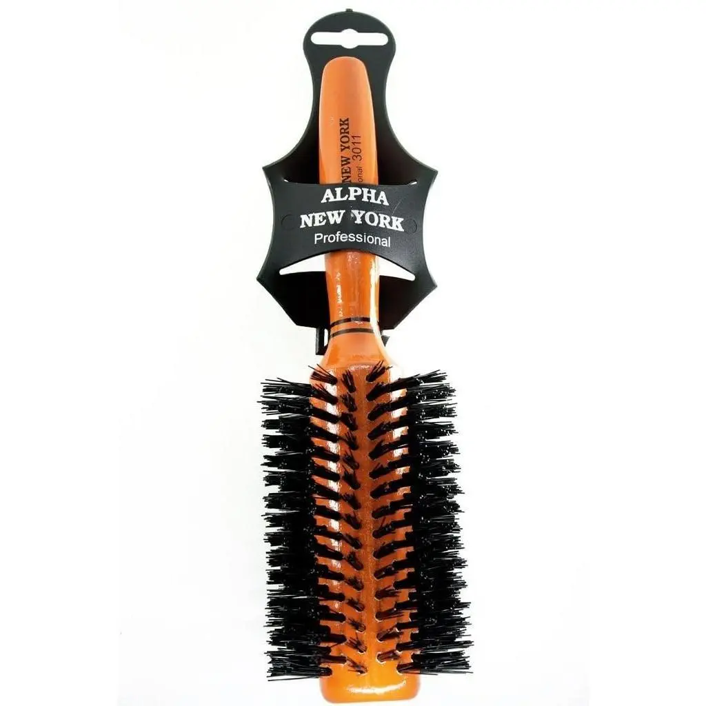 Alpha New York Professional Round Styling Brush Nylon Bristle Round Brush #3011 with Lightweight Wood Handle, Seamless Construction for Salons