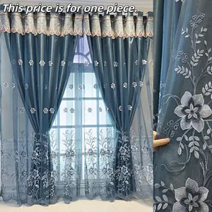 1pc Nordic Style Embroidered Large Flower Window Curtain, Dual Layer Fabric and Mesh, Easy Installation, Living Room and Bedroom Decor, Light Blocking