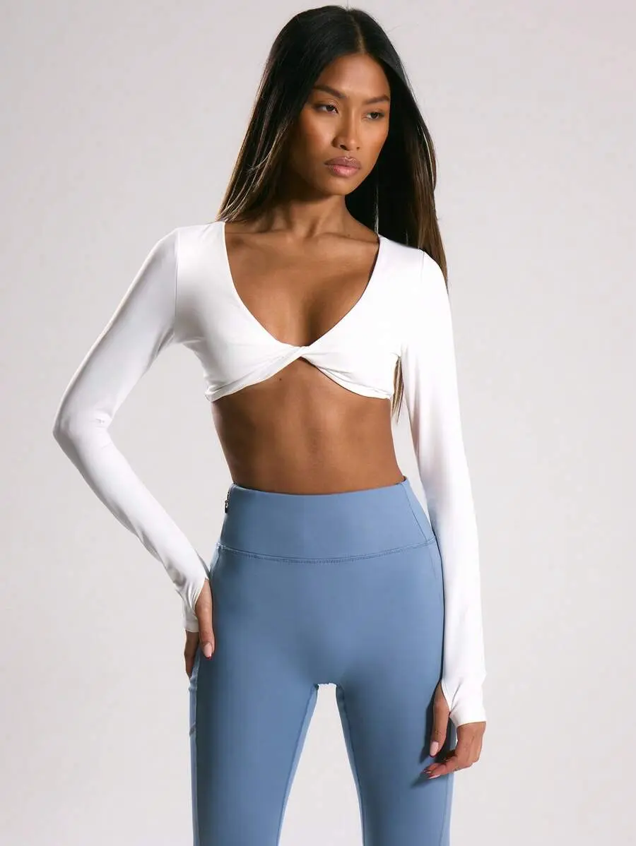 SLAYFIT Sport Twist Front Long Sleeve Thumb Hole Activewear Crop Top, Padel, Tennis, Pickleball Gym Fitness Yoga Pilates Daily Casual