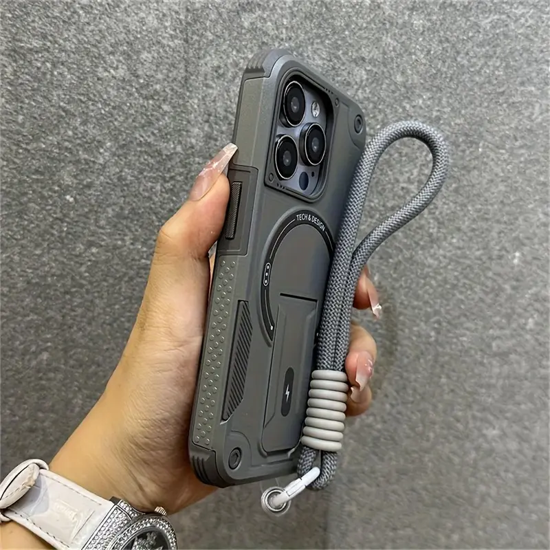 Luxury Magnetic Holder Protective Phone Case with Wristband for iPhone 17-11 Pro Max, Silicone Shockproof Back Cover, Stylish Design for iPhone 16 15 14 13 12 11 Pro Max Plus, Magnetic Cellphone Cover, Accessories, Shockproof Protector