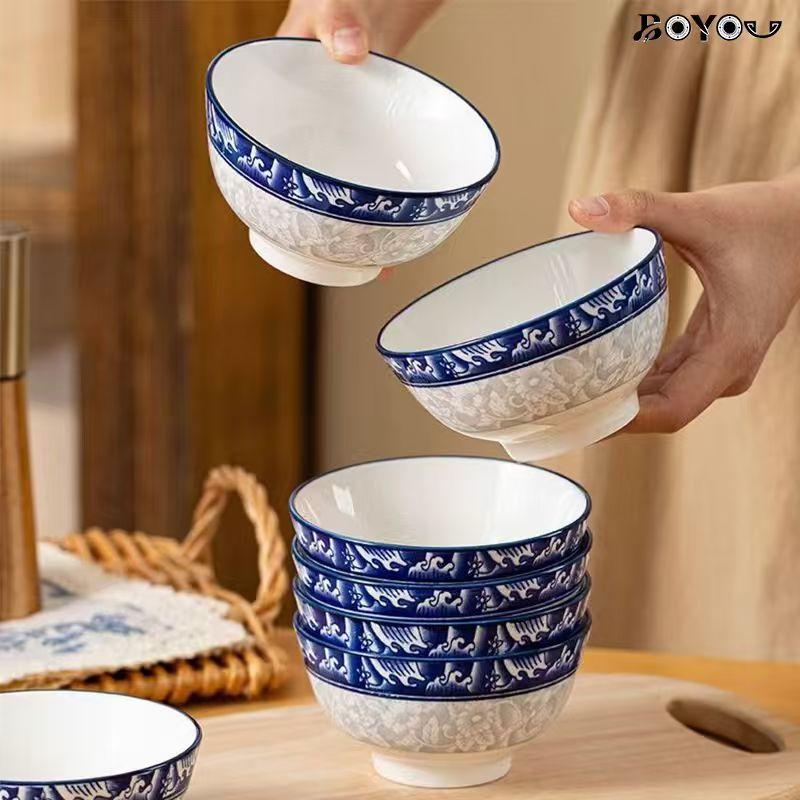 Viral Chinese Style Blue Wave Ceramic Bowls! BOYOU 4.5 Inch Underglaze Rice Bowls Set, Microwave & Dishwasher Safe, Thickened Anti-Scald Stackable Bowls for Pasta, Soup, Home Kitchen Upgrade Must-Have!