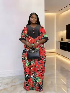 Fashionable Chic loose plus size button print ethnic bouboubou kaftan Nigerian style women's dress African summer V-neck short sleeved daily elegant temperament party beach vacation robe with pockets 2026