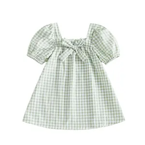 [Yomi Kids] Toddler Girls Summer Dress Fashionable Short Sleeve Square Collar Bow Decorated Plaid Dress