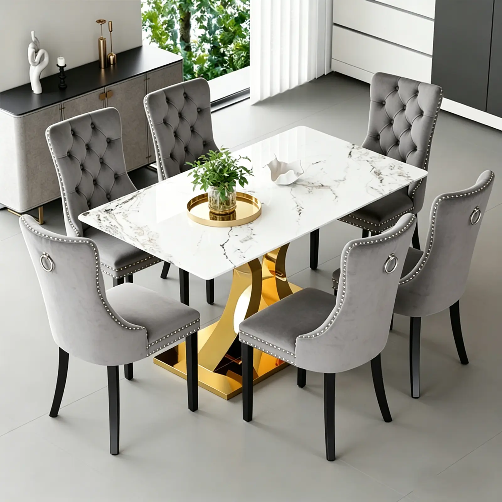 1 Table+6 Gray Solid Wood Leg Chairs