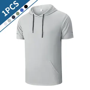 Men’s dry-fit fitness T-shirt for training and running, short-sleeve hooded design, lightweight breathable fabric, men’s athletic wear with kangaroo pocket