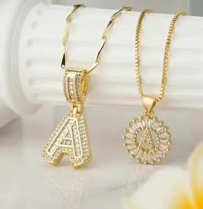 2-Pack Initial Letter Necklace 14K Gold Plated Shiny Delicate Fashion Chunky Custom Name Personalized Round Pendant Zircon Letter Necklace Valentine's Day Anniversary Jewelry Set Gift for Mom, Daughter, Boyfriend, Girlfriend, Christmas Gift