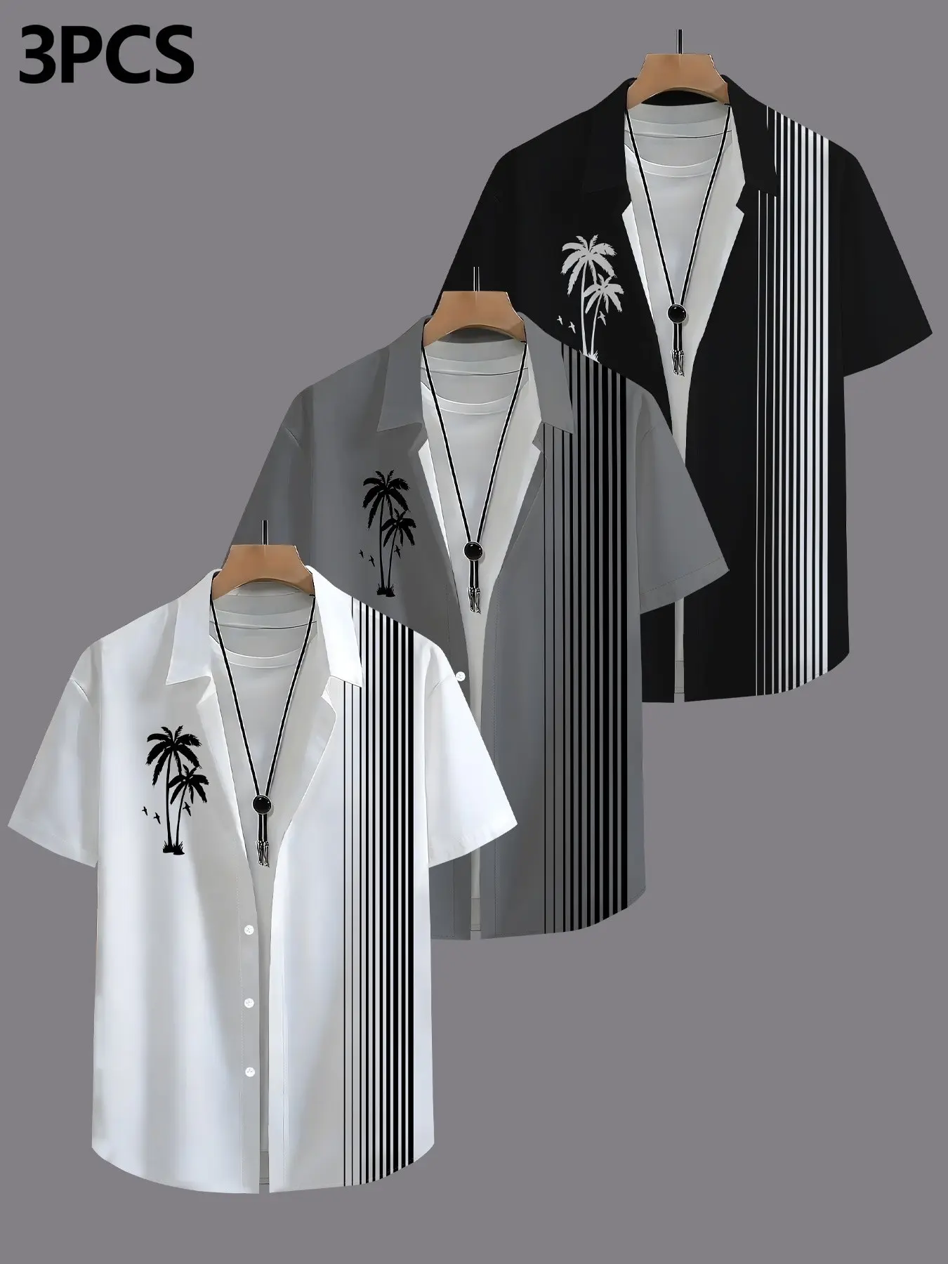 3-Pack Summer Men's Hawaiian Shirts, Collared, Tropical Floral Pattern, Casual Short Sleeve, Comfortable Chiffon Fabric, Ideal for Beach, Pool Party, Daily Wear, Outdoor
