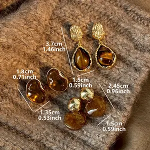 3 pairs of vintage elegant brown resin inlaid women's earrings set - diversity, high-end, copper posts, suitable for daily wear, party and dance, party accessories |   vintage earrings |   zinc alloy earrings