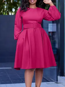 Women's Long Sleeve Elegant Aesthetic Round Neck Solid Dress with Belt, Fall Winter New Chic Fashion, European Style A-Line Maxi Dress, Womenswear