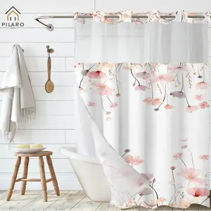 Solid-colored Lotus Flowers Pattern No Hook Shower Curtain with Snap in Liner,Double Layer Shower Curtain,Fabric Waterproof Inner Liner,White Cloth Shower Curtains Washable,72 x75 Inch showercut