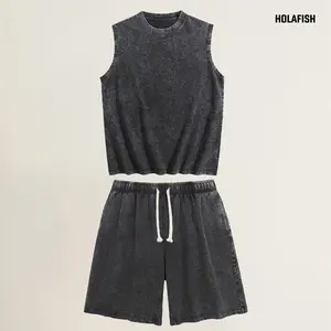 Holafish Mens Acid Washed Cotton Tank Top Shorts Set Loose Fit Vintage Street Athletic Style Comfy Daily Casual Two Piece Set