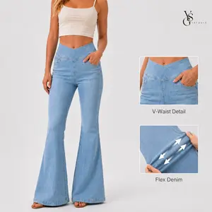 HF260002/09-Vintage High Rise Crossover Flare Jeans for Women Stretchy Bell Bottom Denim Pants Slim Fit Bootcut Jeans