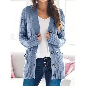 Cable Knit Button Front Cardigan, Casual Solid Long Sleeve Cardigan For Fall & Winter, Women's Clothing