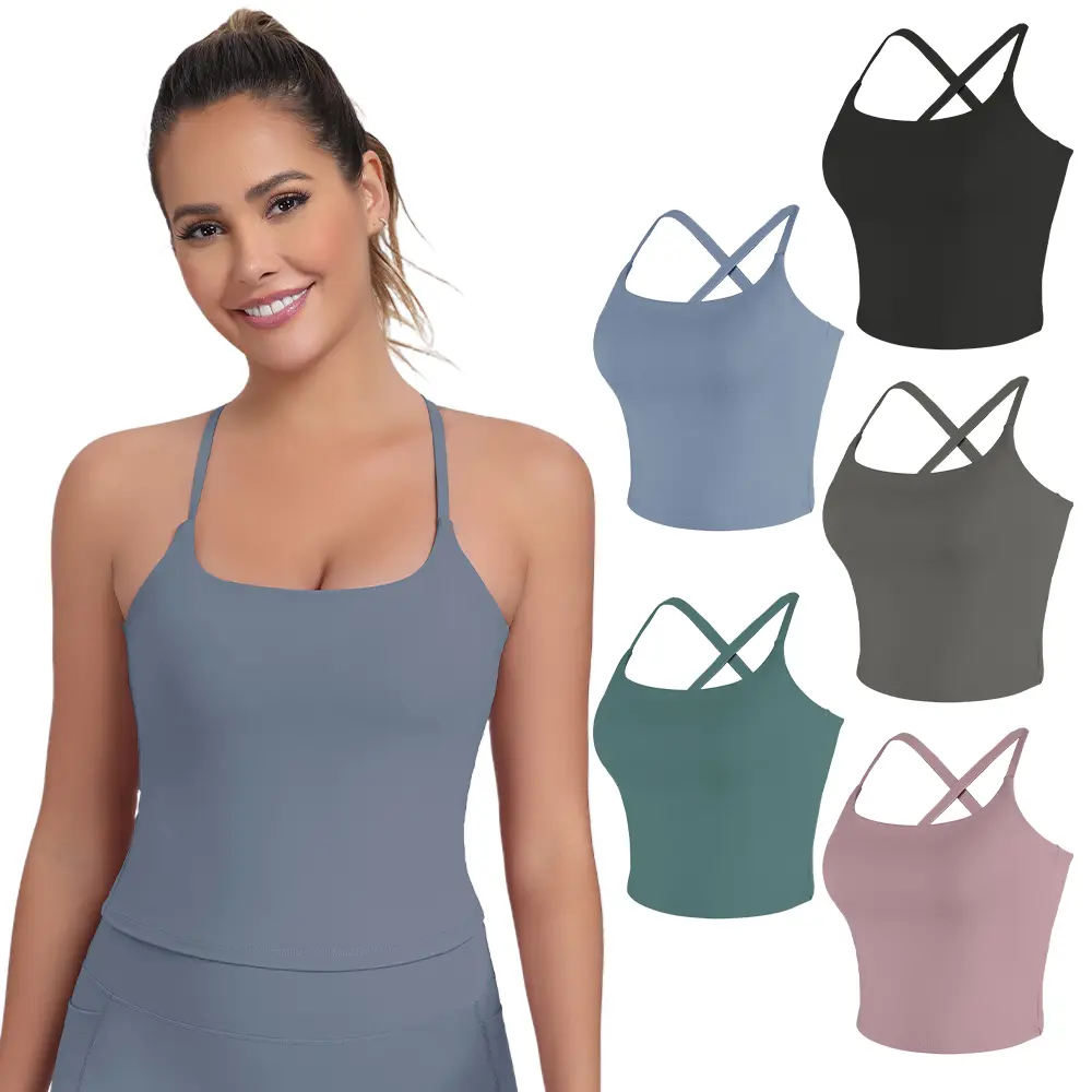 【Free 3-Day Shipping】CRAZY YOGA 1/3/5-PACK Adjustable Straps Built-in Bra Tank Top - Cross Back VS Spaghetti Straps & Scoop Neck, Slim Cute Buttery Soft Thicker Fabric Longline Sports Bra with Built-in One-Piece Bra Pads Yoga Fitness Gym Activewear
