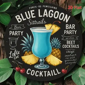 Aluminum Blue Lagoon Cocktail Wall Art 7.8 Inch Round Tropical Drink Pineapple Bar Decor for Home Bar Kitchen Man Cave Garage