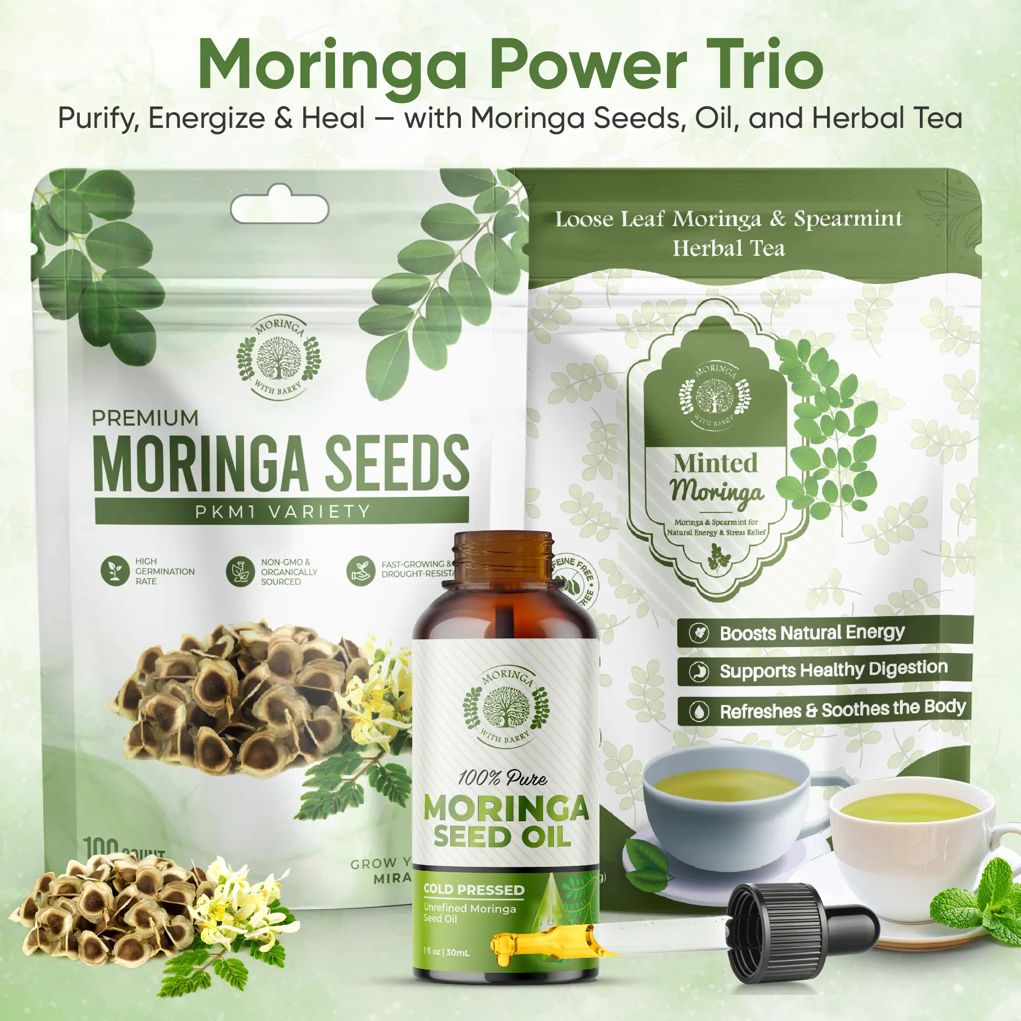 Moringa Power Trio – Moringa Seeds, Moringa Seed Oil & Minted Moringa Tea