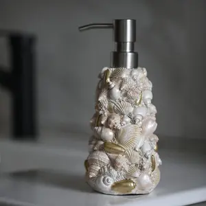 [Elegant Style] Charming Seashell Resin Soap Dispenser - 12oz, Decorative Beach-Themed Bottle with Stainless Steel Pump for Bathroom & Kitchen, Lead-Free, Freestanding Design