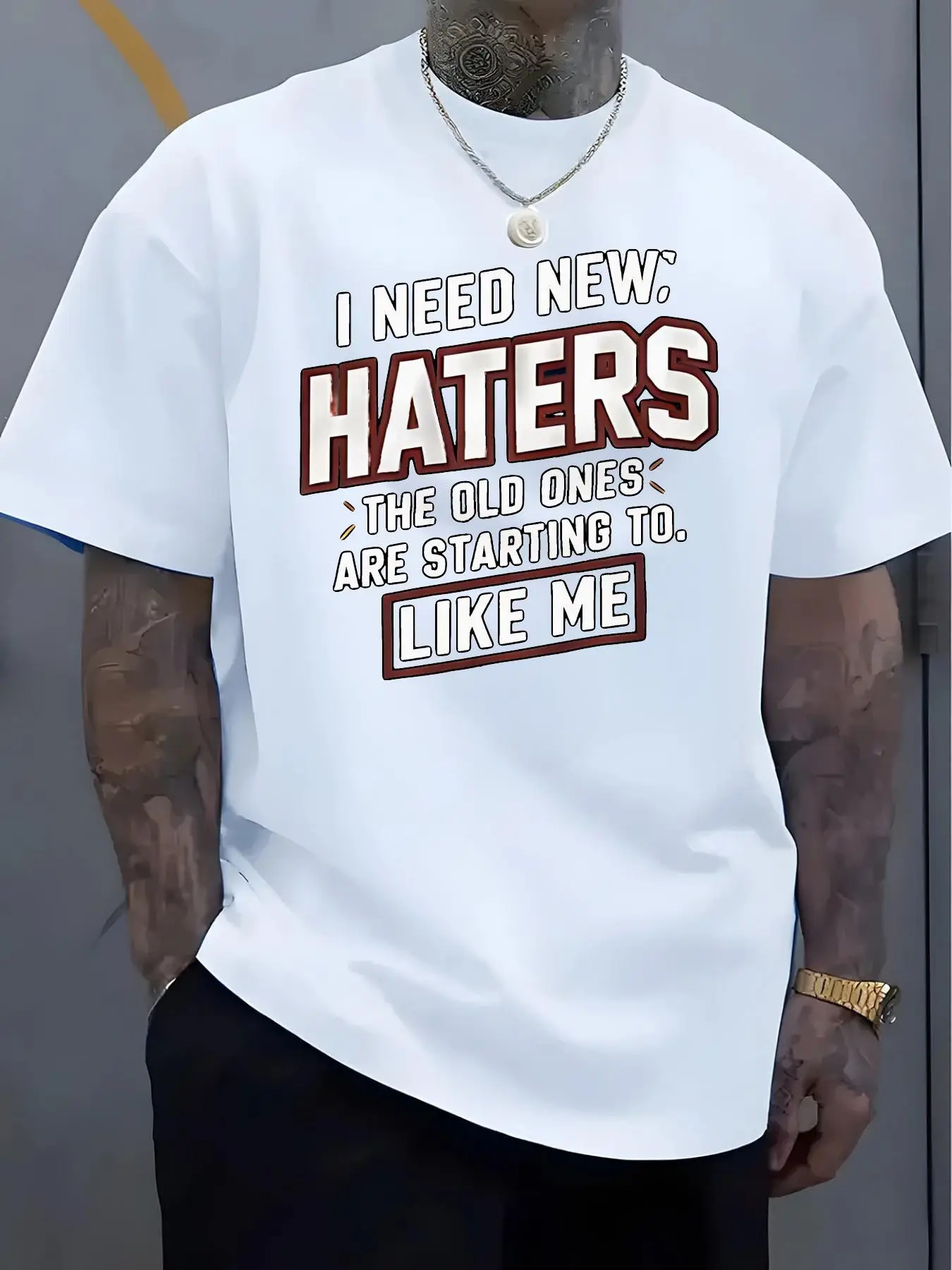 I NEED NEW HATERS Graphic Tee - Men's Plus Size Casual Crew Neck T-Shirt with Bold Red Text, Stylish and Trendy Design for Fashion-Forward Men