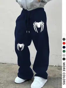 Men's Spider Pattern Print Drawstring Waist Sport Pants, Casual Gothic Joggers, Loose Fit, All Seasons, Unisex