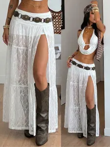 Women's Lace Split Thigh Maxi Skirt, Vintage Textured Fabric, Slim-Fitting High Waist, Casual & Party Wear, All Seasons