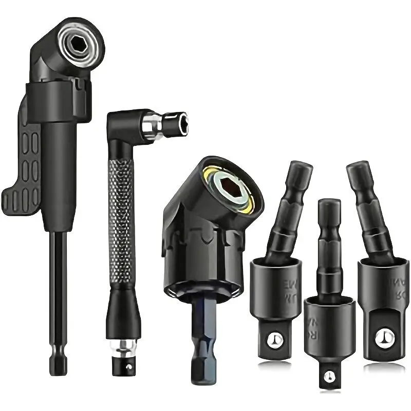 6pcs Right Angle Drill Attachment Set, Tool Kit, 3 360° Rotatable Socket Adapters, 2 Hex Shank Drill Adapters, 90° Bevel Drill Bits