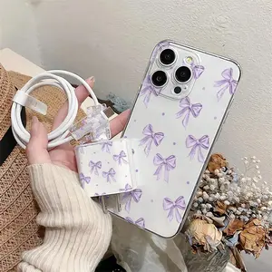 5 Piece Set Transparent Polka Dot Bow Phone Case, Charger Head Cover, Cable Protector, Storage Rope, Anti-Drop Tpu Case for iPhone