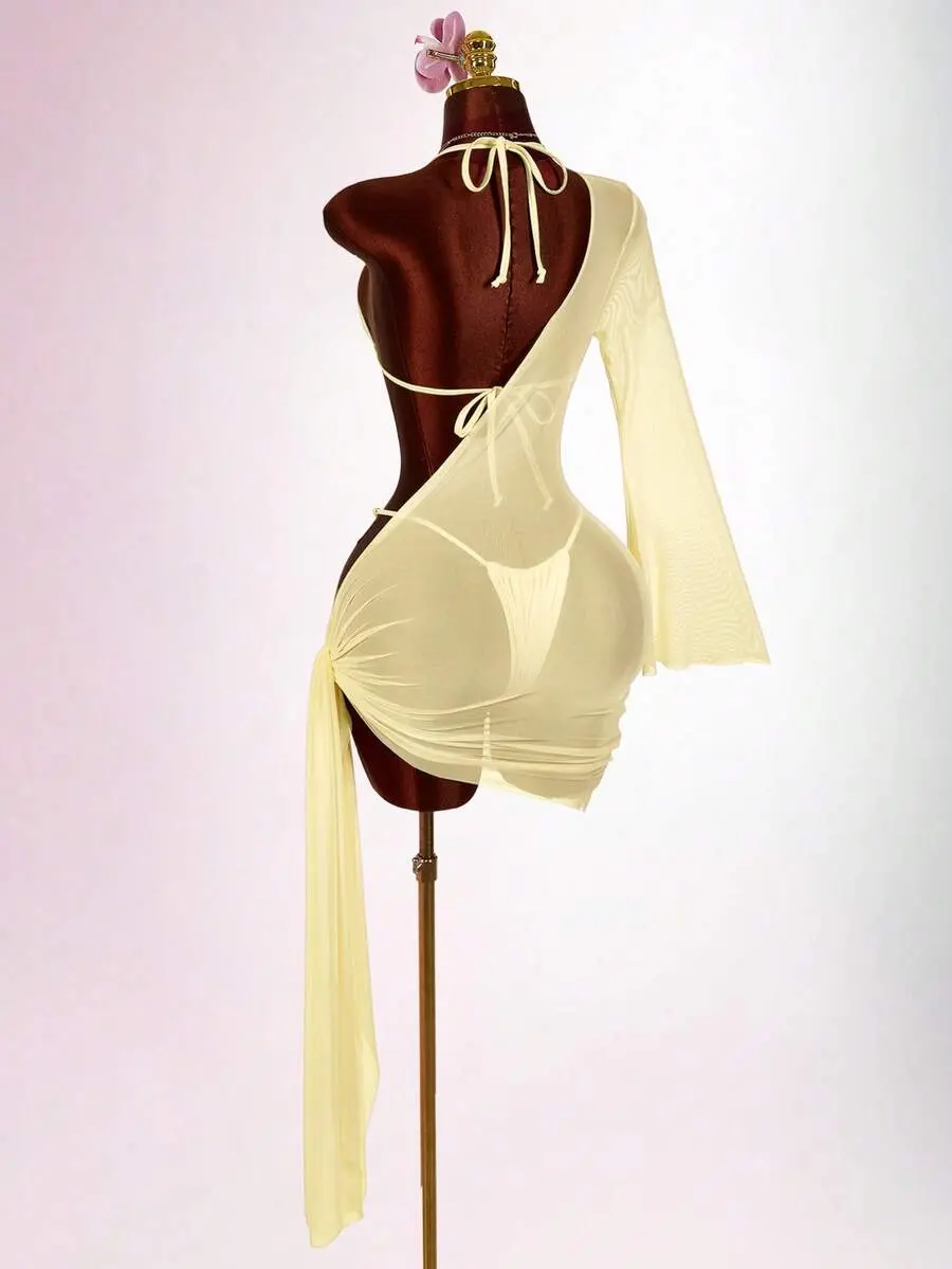 Female 3-Piece Beaded Bikini Set, White Halter Neck Mesh Coverup, Tie-Detail Bathing Suits, Summer Beach Vacation Outfit