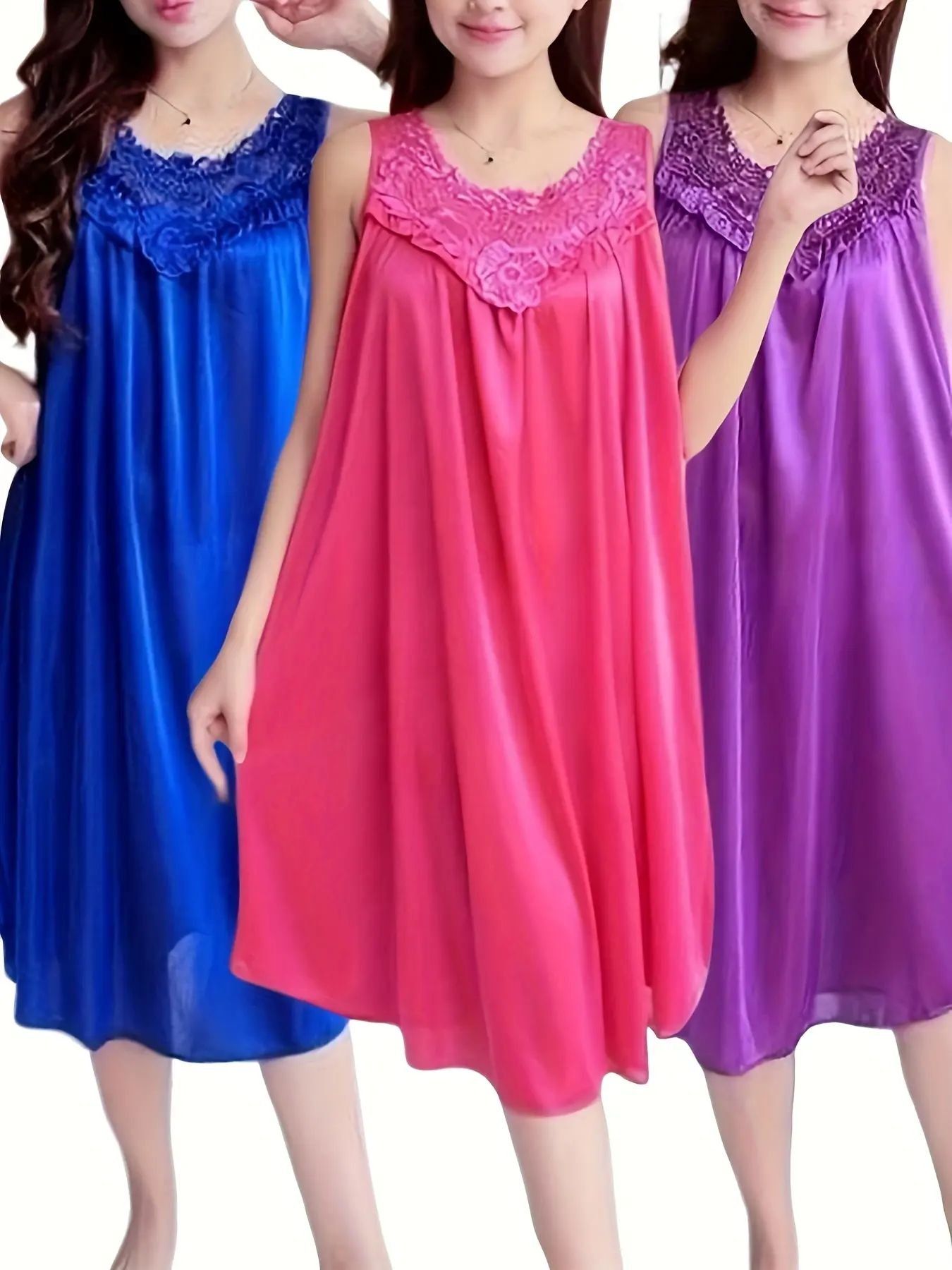 Women's 3-Piece Satin Nightwear Set - Light, Smooth Fabric, Loose V-Neck Loungewear Including Breathable Nightdress and Casual Dress